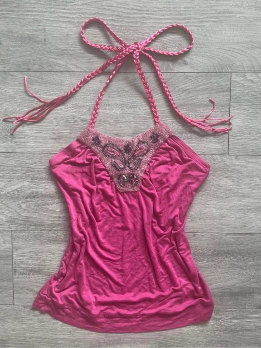 Bebe Hot Pink Halter Tank Top with Embellished Neckline Sz L